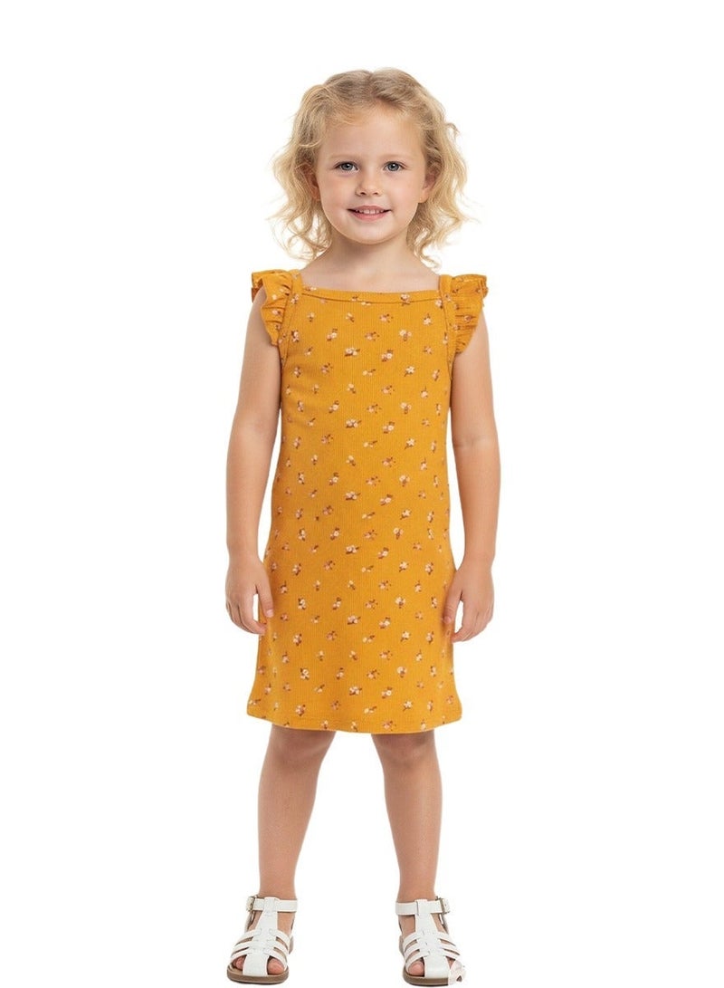 WiNi BEE Girls' Floral Dress with Ruffle Sleeves | Mustard Yellow Sun Dress for Toddlers 2-6 Years | Summer Play Dress with Elastic Waist - Image 2